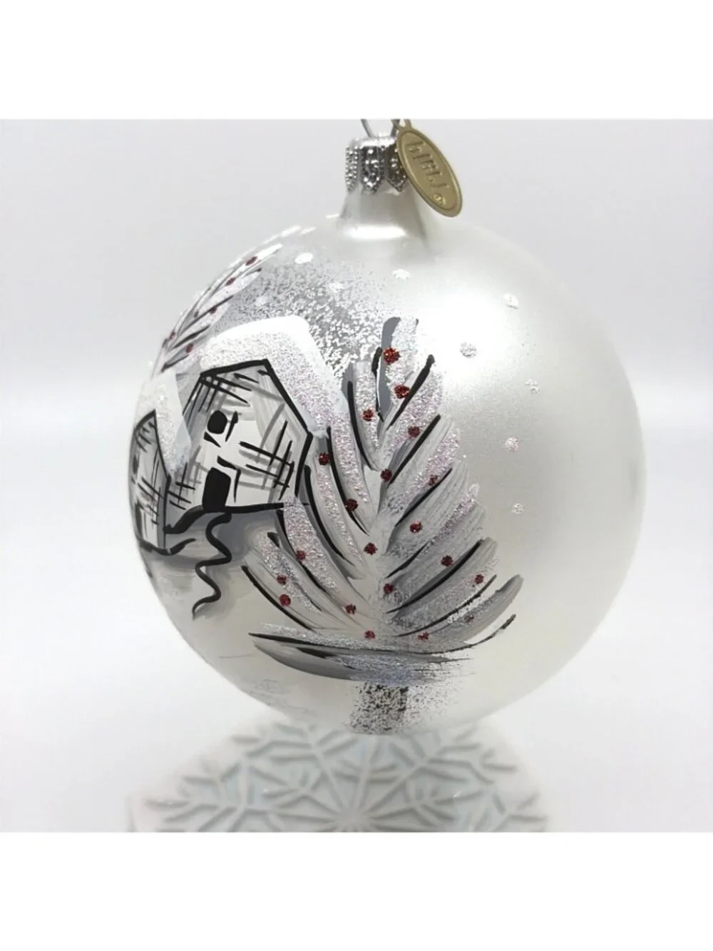 Pier 1 Hand Blown Glass Ball Christmas Ornament Hand Painted Winter Scene 4